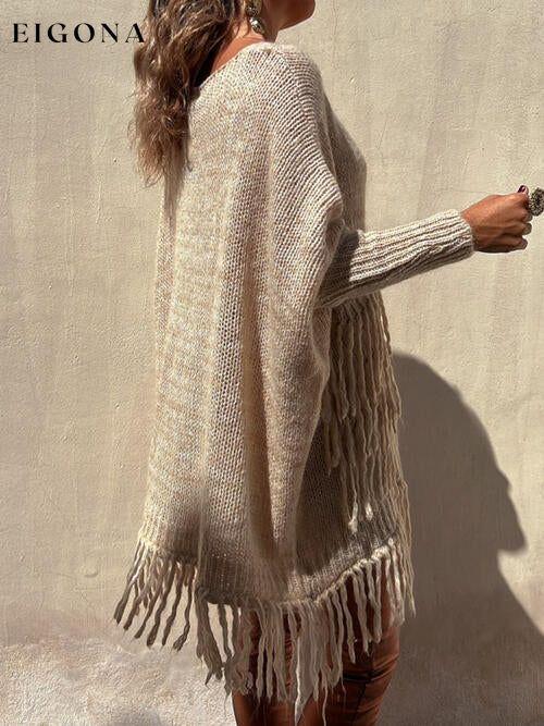 Fringe Detail Long Sleeve Sweater with Pockets A@Y@M clothes Ship From Overseas Sweater sweaters Sweatshirt