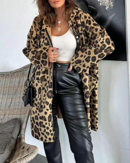 Casual leopard print pocket hooded coat 2024 f/w coats