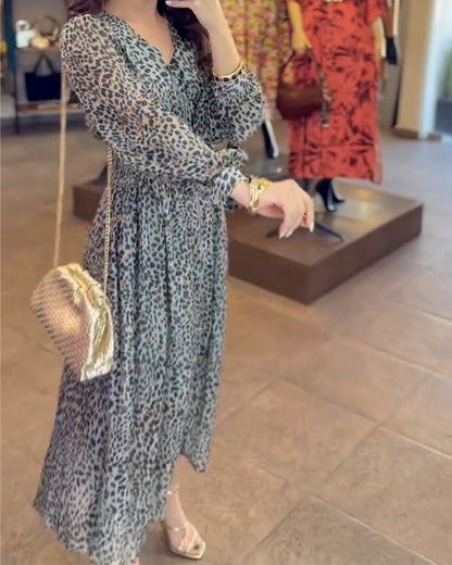 Puff Sleeve V-Neck Printed Dress