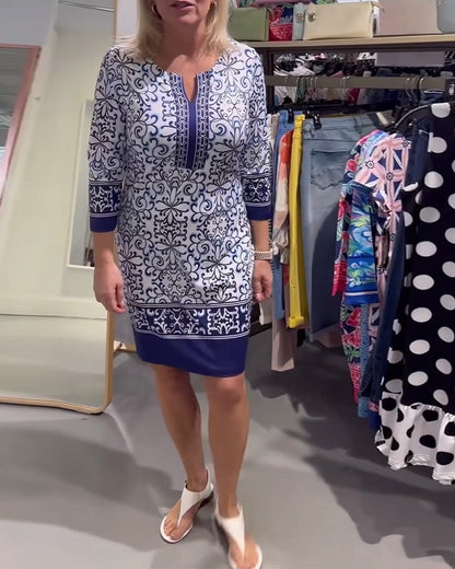 Three-Quarter Sleeve Slim Contrast Print Dress