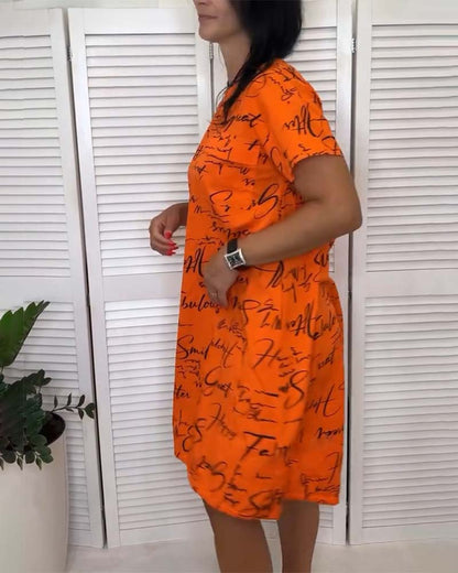 Round Neck Lettering Short Sleeve Dress