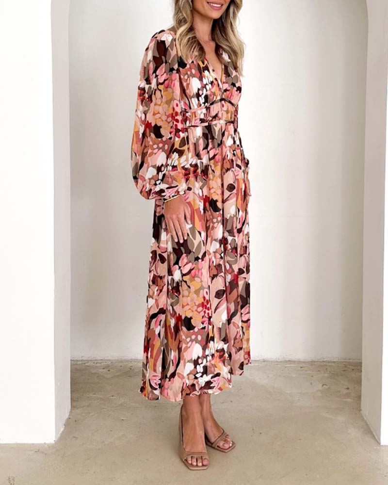 Elegant floral print lantern sleeve dress 2024 f/w casual dresses spring