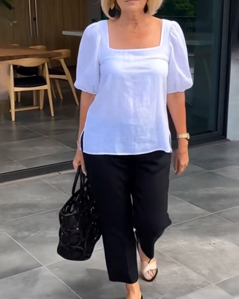 Square Neck Casual Puff Sleeve Blouse