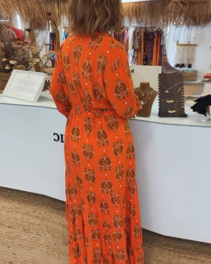 Vintage print lapel long sleeve maxi dress 202466 casual dresses spring summer