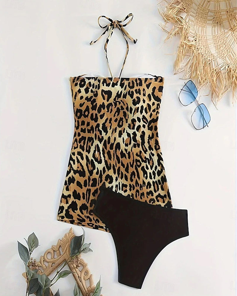 Halter Neck A-Line Leopard Print Triangle Tankini