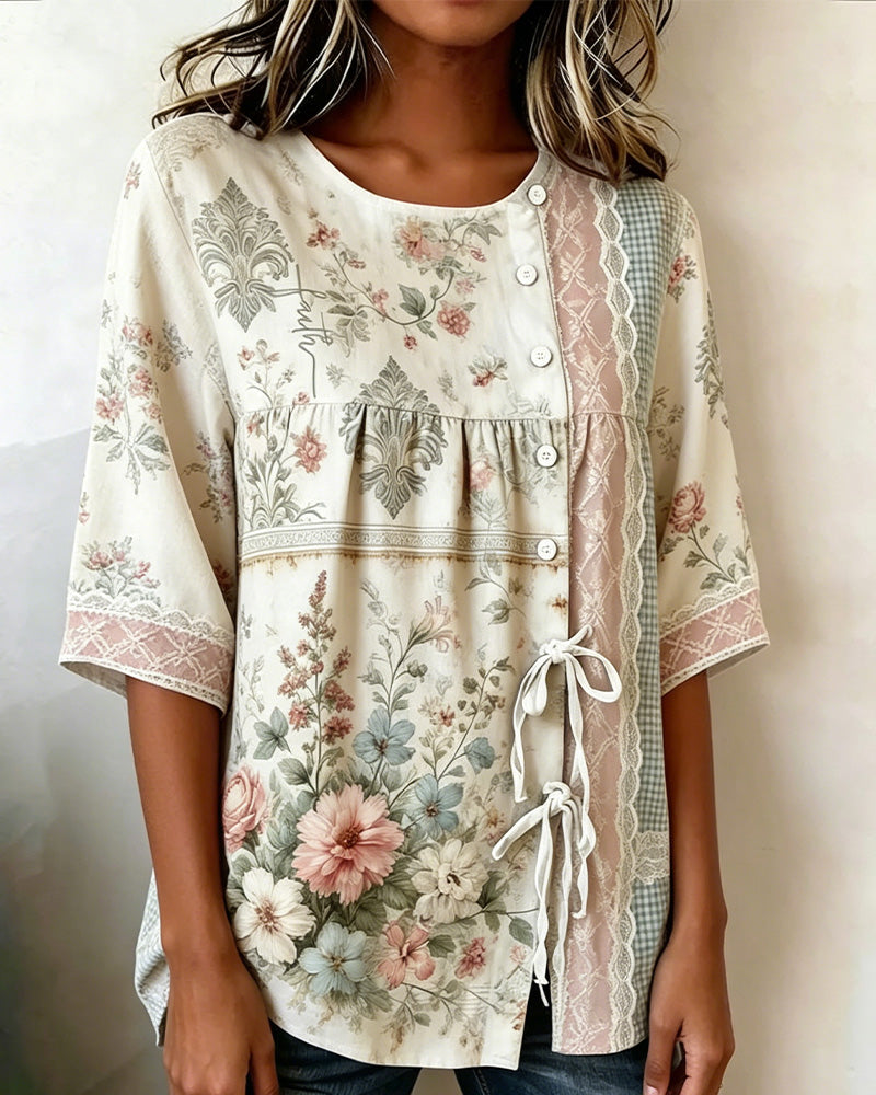 Retro Floral Print Casual Blouse