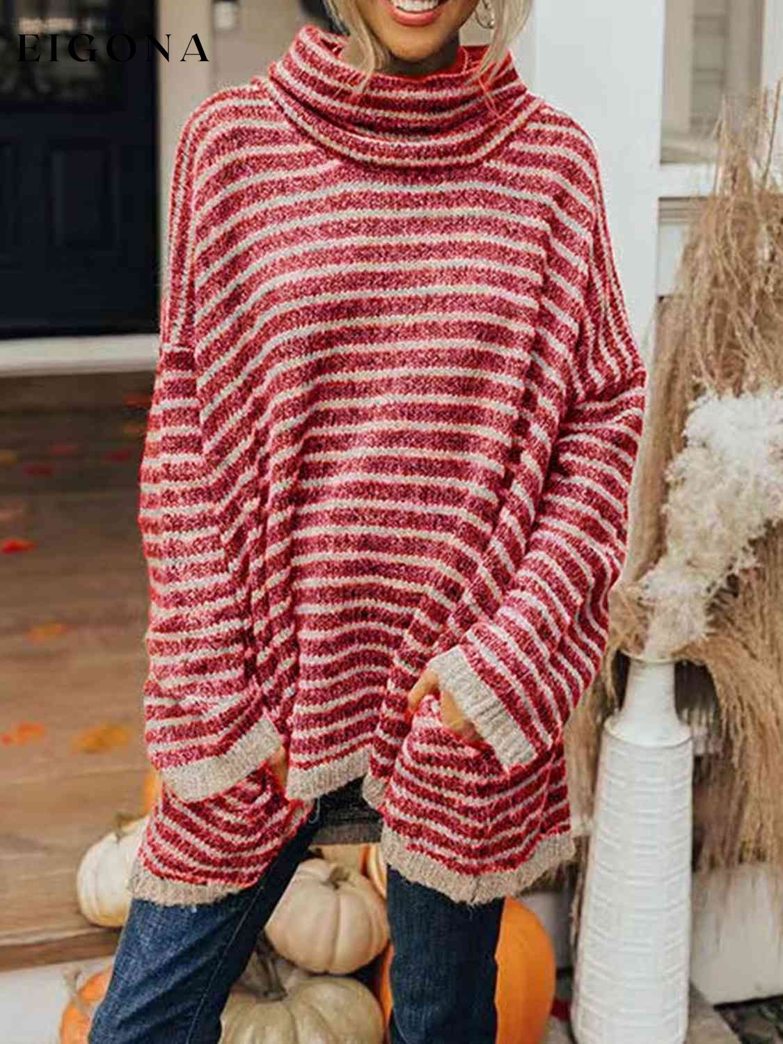Striped Turtleneck Sweater with Pockets Deep Red A@Y@M clothes Ship From Overseas Shipping Delay 09/29/2023 - 10/04/2023 sweater sweaters