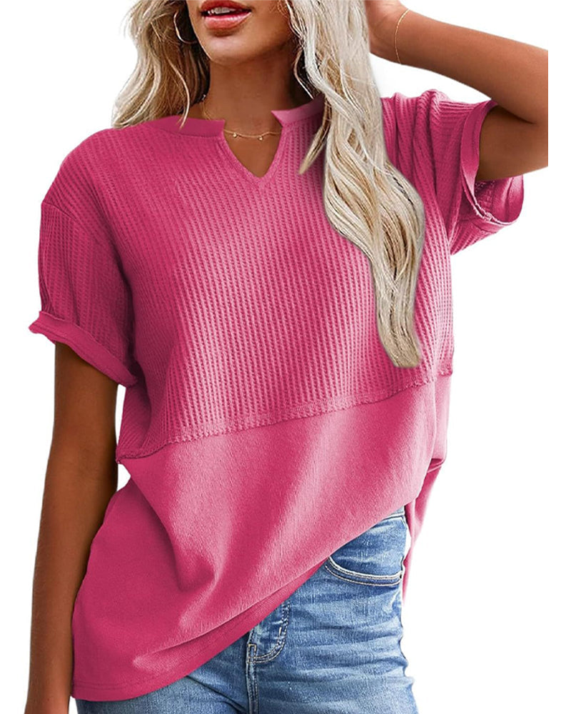 Cinched Waist Patchwork V-Neck Pullover T-Shirt
