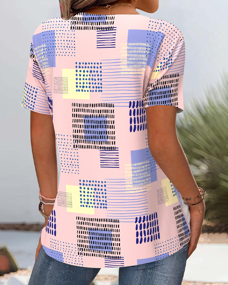 Hollow V-Neck Printed Casual T-Shirt