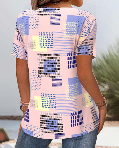 Hollow V-Neck Printed Casual T-Shirt