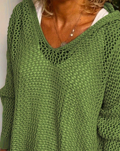 Dames Crochet Hollow Out Hooded Long Sleeve Tops