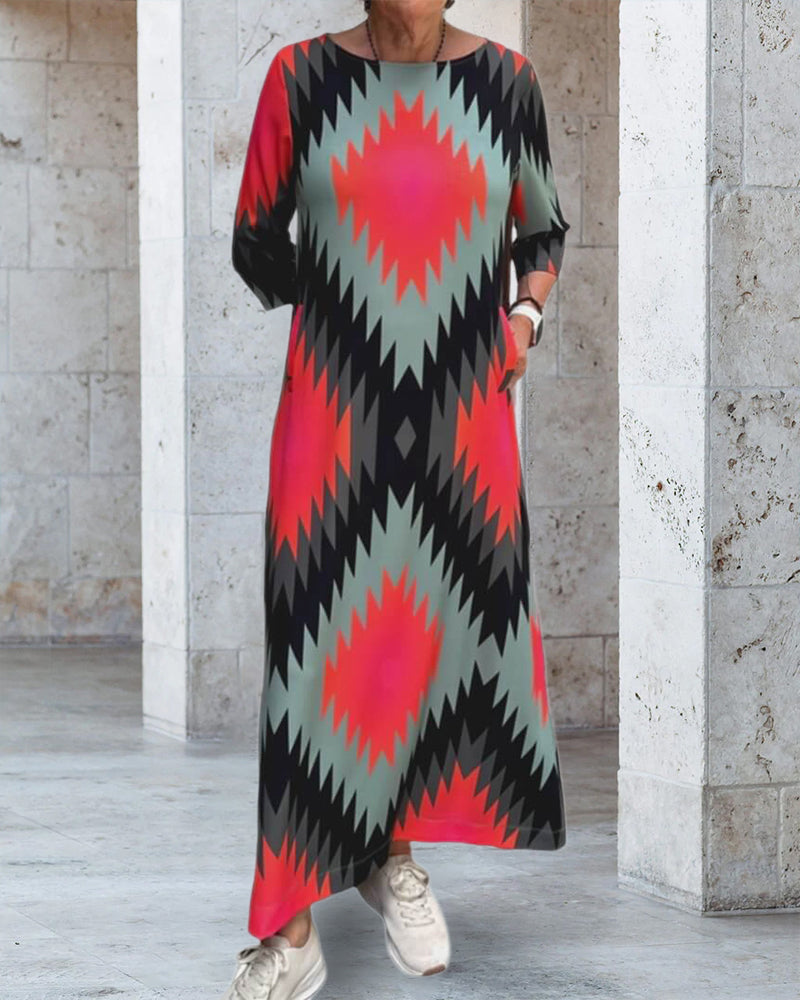 Contrast geometric print casual maxi dress