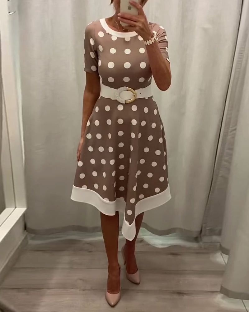 Elegant polka dot print round neck A-line dress casual dresses spring summer