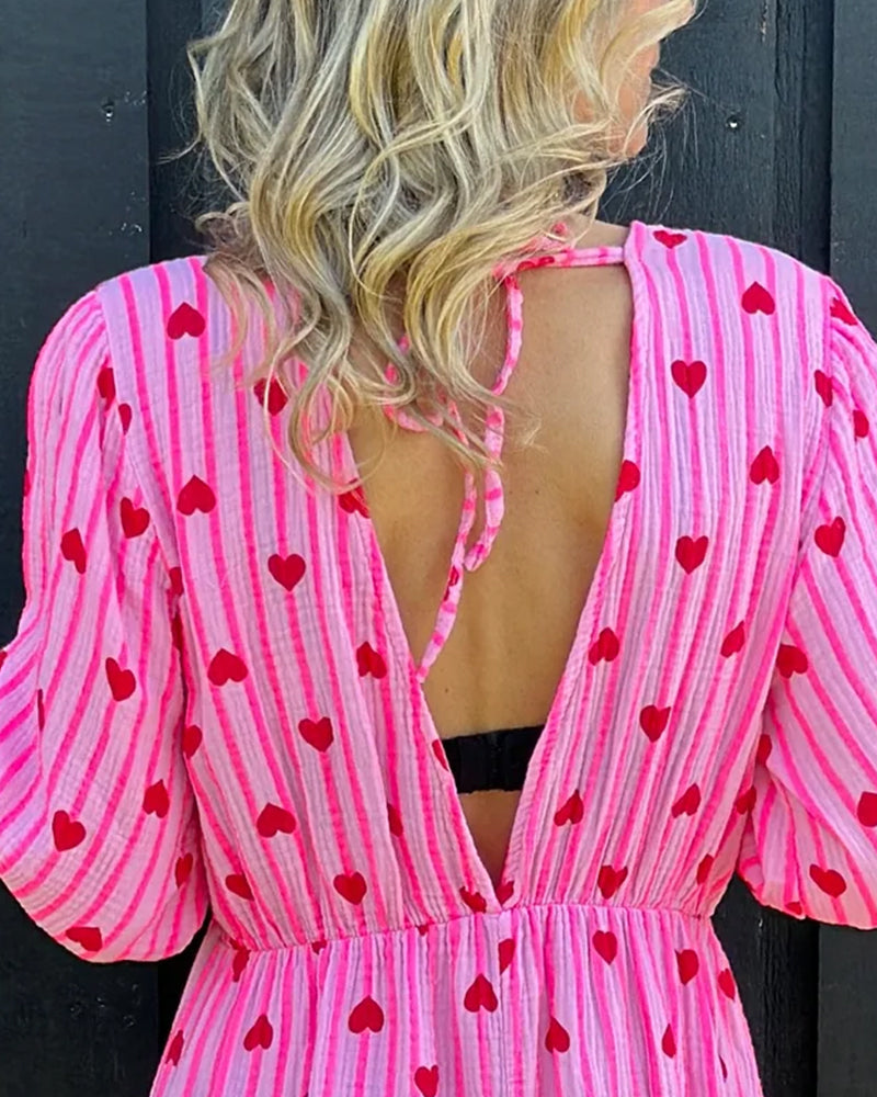 Deep V Heart Stripe Print Dress