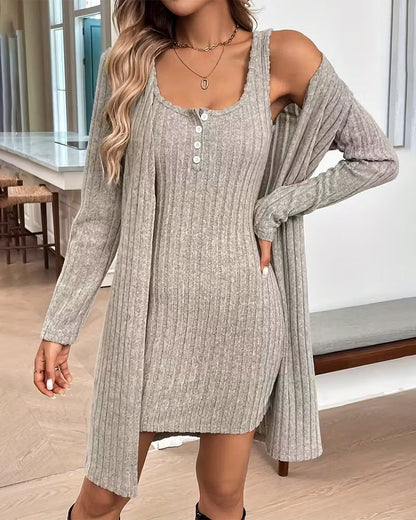 Ribbed Cardigan Vest Dress Set