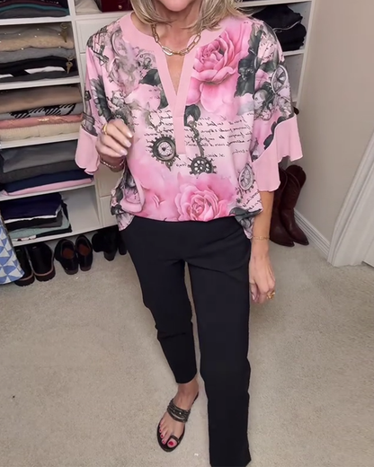 Fashionable Floral Ruffle Sleeve Blouse