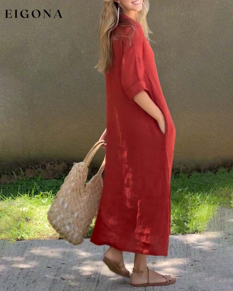 V-neck solid color pocket comfort dress casual dresses cotton and linen spring summer