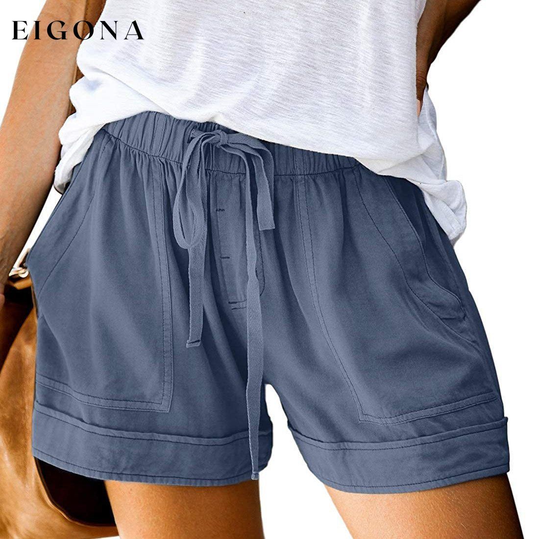 Womens Casual Drawstring Elastic Waist Summer Shorts with Pockets Blue __stock:500 bottoms refund_fee:800