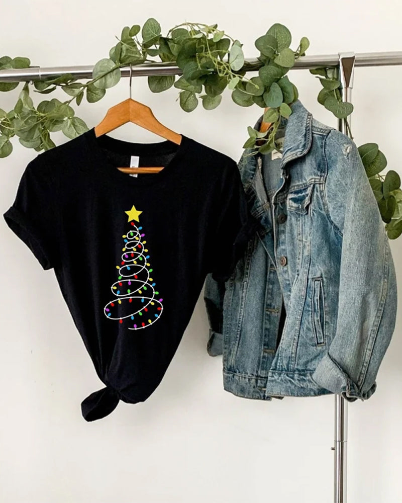 Casual Christmas lights printed round neck T-shirt 2024 f/w christmas spring summer t-shirts