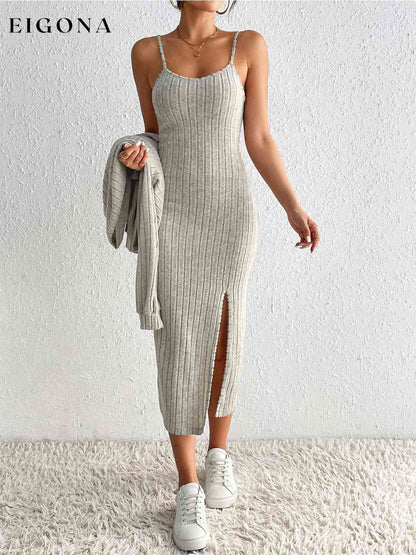 Ribbed Spaghetti Strap Slit Dress & Cardigan Set clothes HS Ship From Overseas