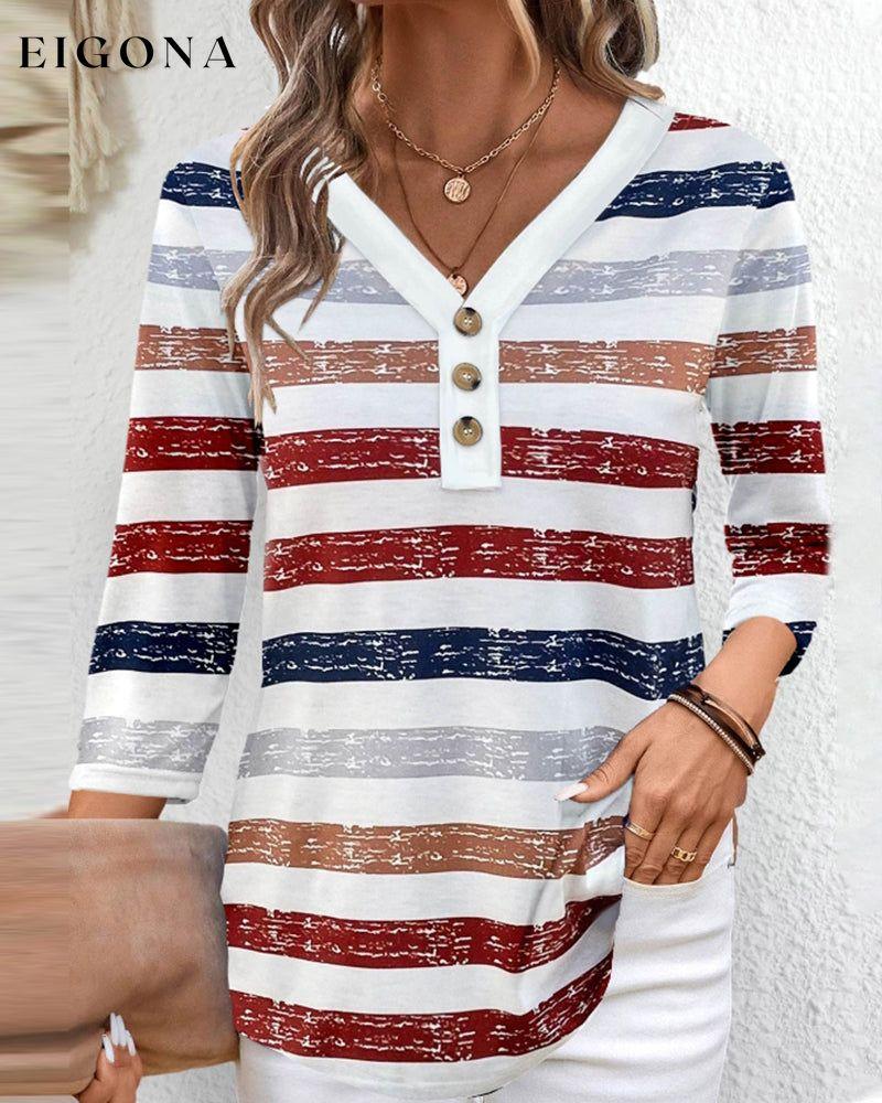 Colorful striped V-neck buttoned casual top Blouses & Shirts Spring Summer