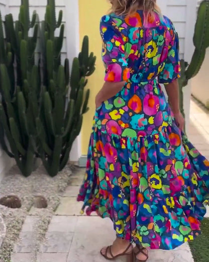 Kleid mit Laternenärmeln, Kordelzug und V-Ausschnitt