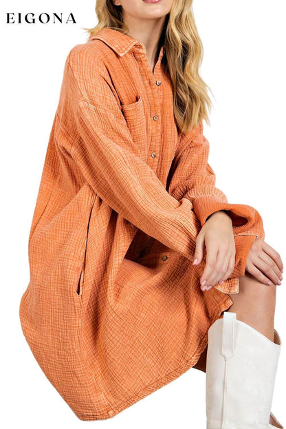 Orange Crinkled Dual Chest Pocket Oversized Shirt Dress All In Stock clothes Color Orange EDM Monthly Recomend Fabric Linen Occasion Daily Print Solid Color Season Spring Style Southern Belle