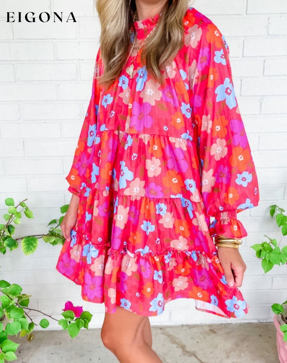 Multicolour Floral Bubble Sleeve Tiered Babydoll Dress All In Stock casual dresses clothes Color Pink dress dresses long sleeve dress long sleeve dresses Occasion Daily Print Floral Season Spring short dresses Silhouette A-Line Style Southern Belle