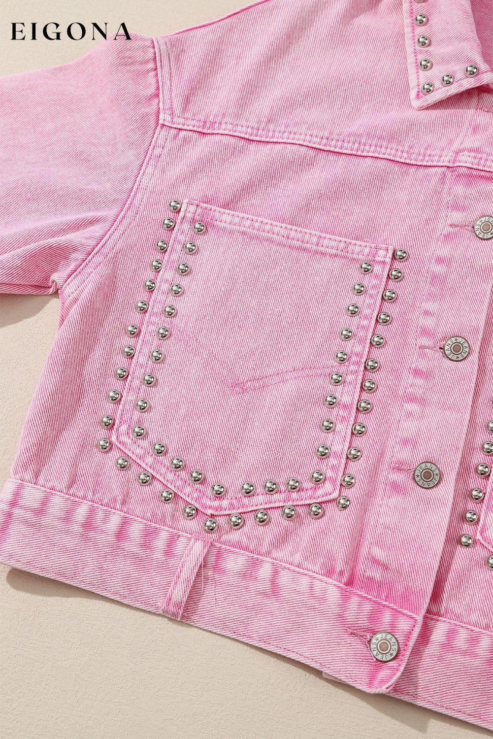 Pink Rivet Studded Pocketed Pink Denim Jacket All In Stock Category Shacket clothes Color Pink Craft Rhinestone Day Valentine's Day Fabric Denim Jackets & Coats Occasion Daily Print Solid Color Season Winter