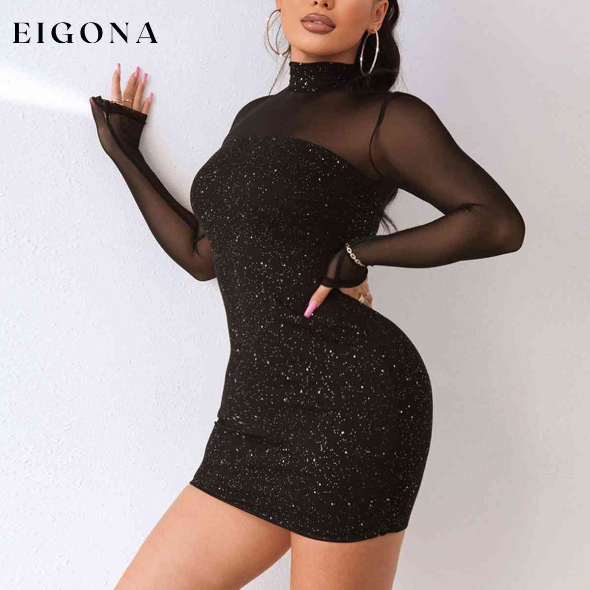 Sequin Mock Neck Mesh Dress clothes D%W Ship From Overseas