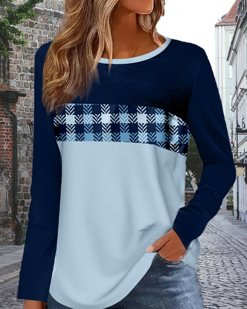 Round neck long sleeve color block top 2024 f/w blouses & shirts