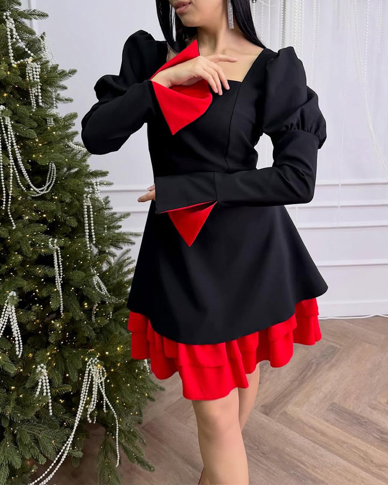 Slit Bell Sleeves Patchwork A Hem Dress