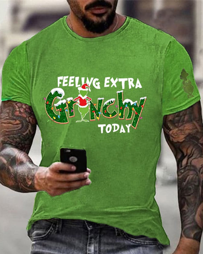 Men's Funny Classic Christmas Character Christmas Green Monster Print Casual T-shirt