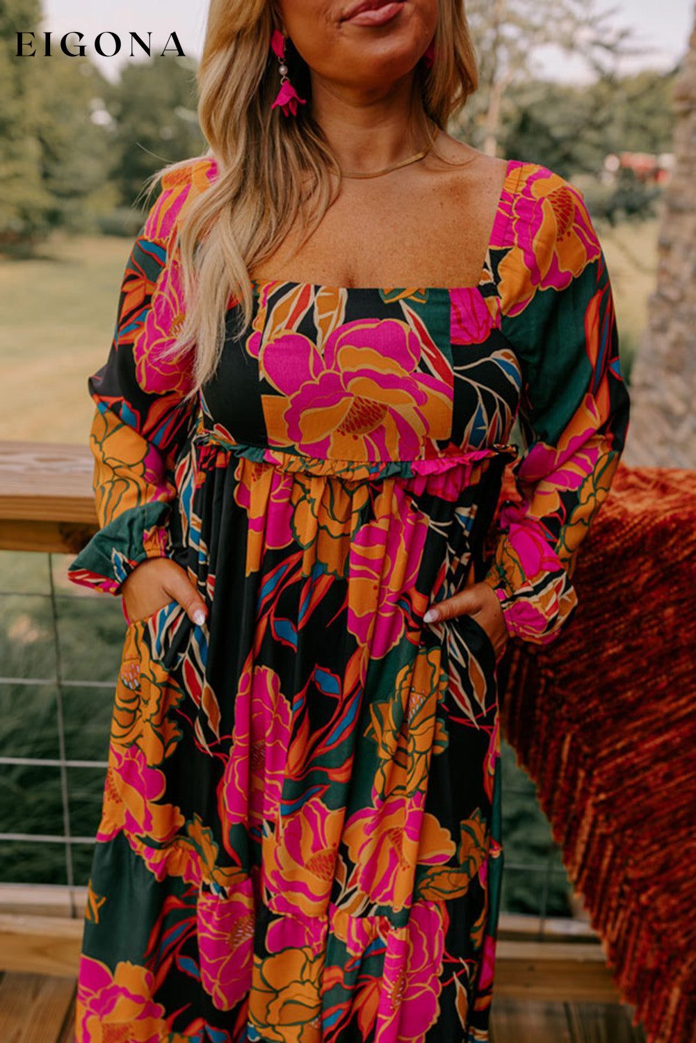 Multicolour Floral Print Square Neck High Waist Plus Size Dress casual dresses clothes Color Multicolor Color Orange Color Pink dress dresses long sleeve dress long sleeve dresses maxi dress midi dress midi dresses Occasion Daily Print Floral Season Spring Style Southern Belle