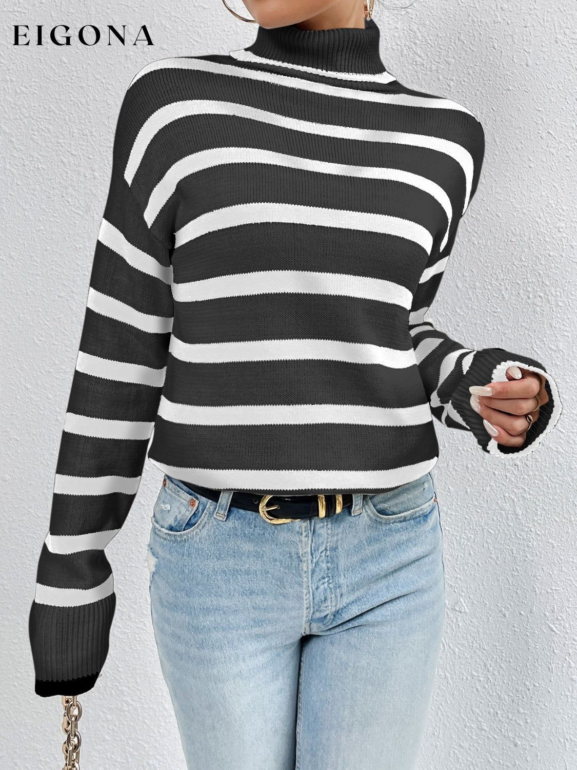 Striped Turtleneck Drop Shoulder Sweater Black clothes long sleeve shirt Ship From Overseas striped sweater sweater Yh