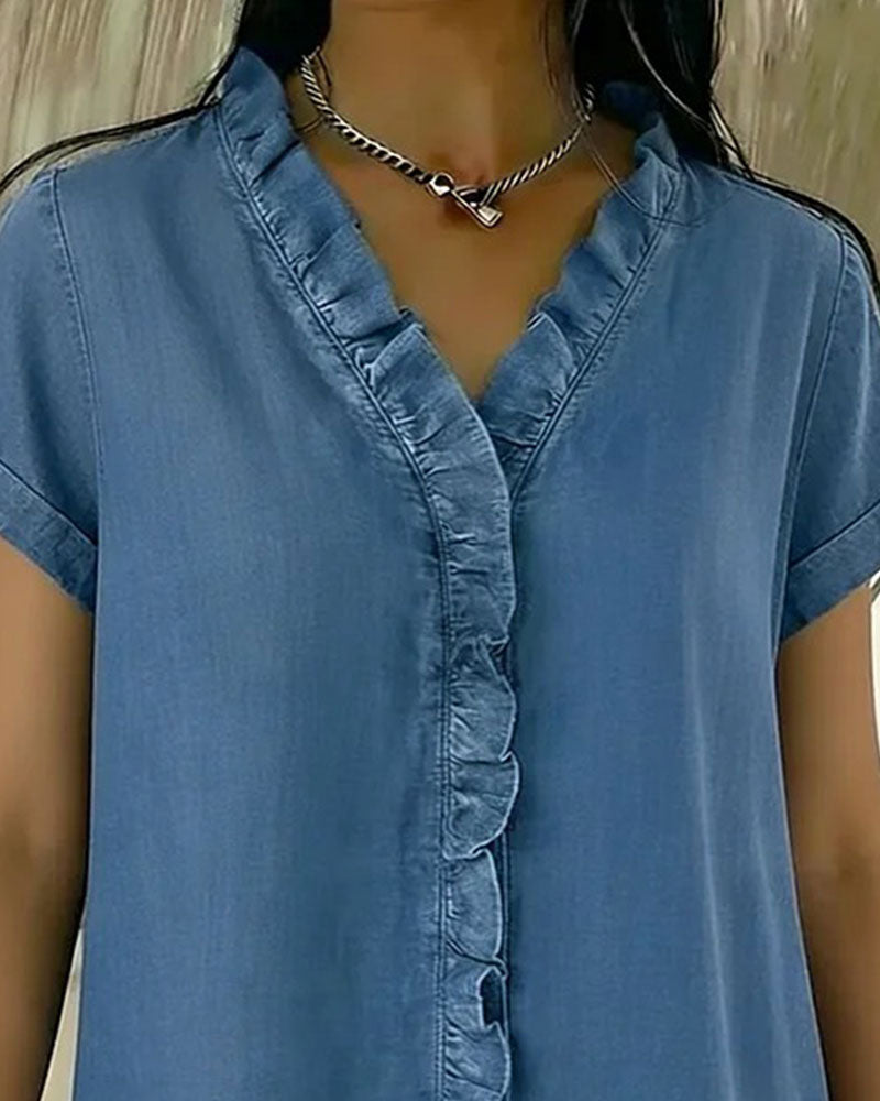 Ruffled V-Neck Denim Short-Sleeved Top