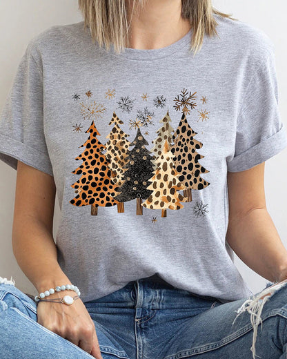 Christmas tree leopard snowflake print round neck short sleeve t-shirt 2024 f/w christmas spring summer t-shirts