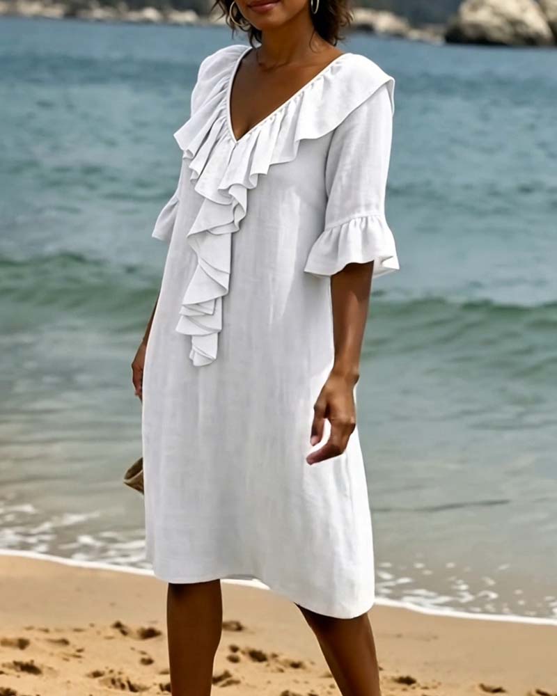 V-Neck Ruffle Shift Dress