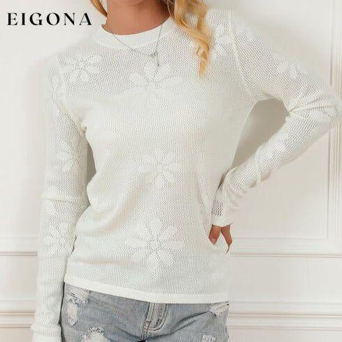 Floral Eyelet Round Neck Long Sleeve Knit Top clothes Ship From Overseas SYNZ