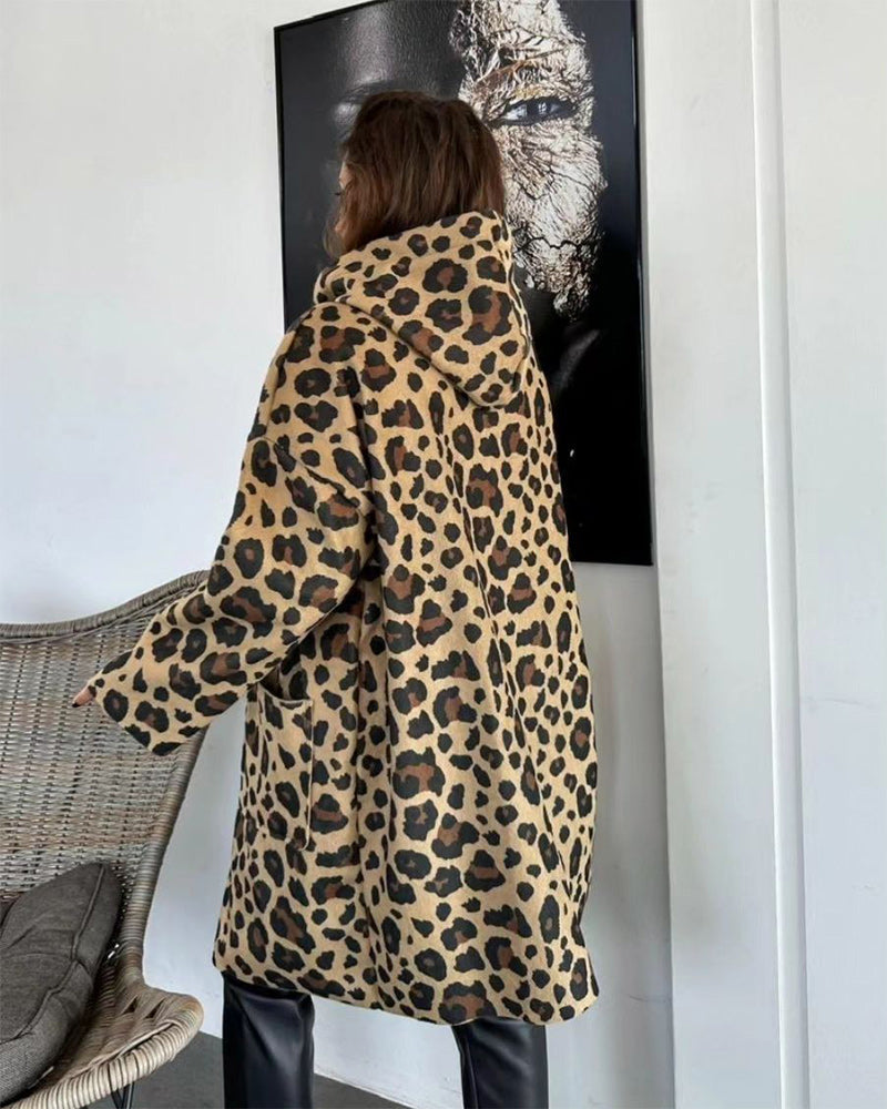 Casual leopard print pocket hooded coat 2024 f/w coats