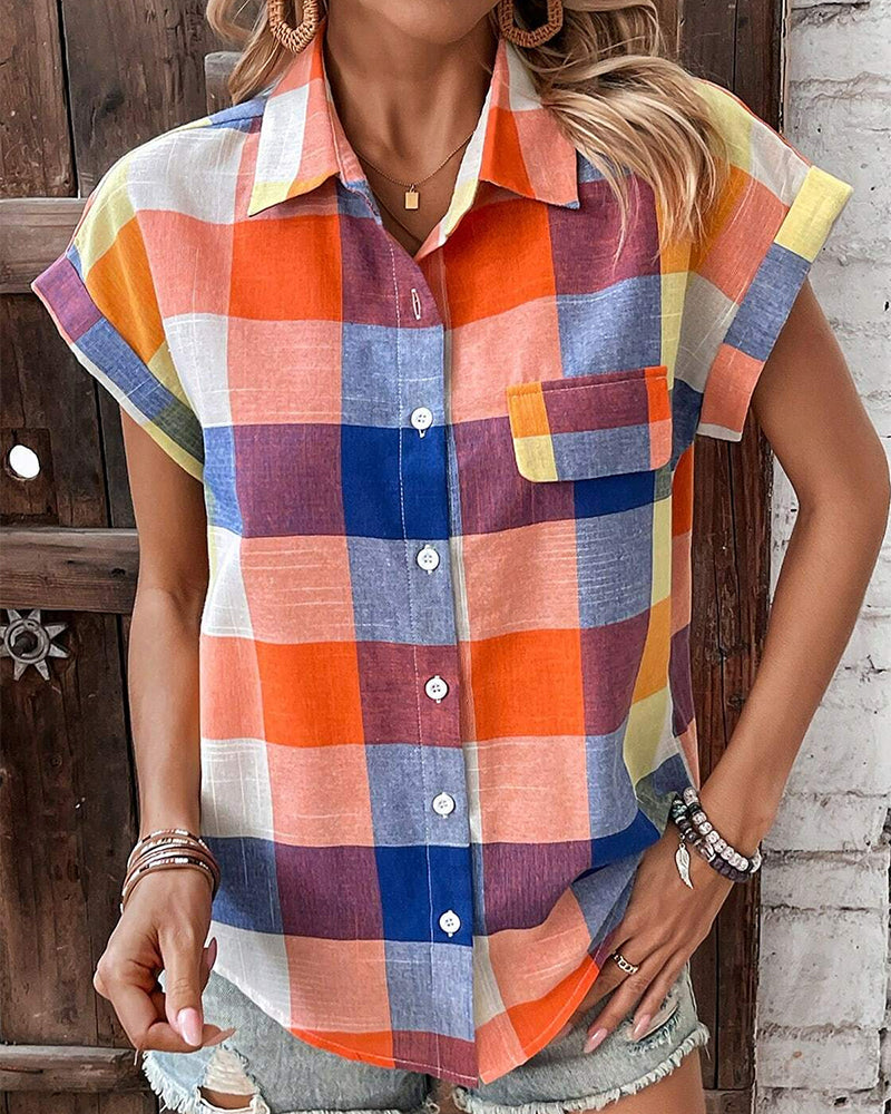 Colorful plaid print casual short-sleeved shirt blouses & shirts summer