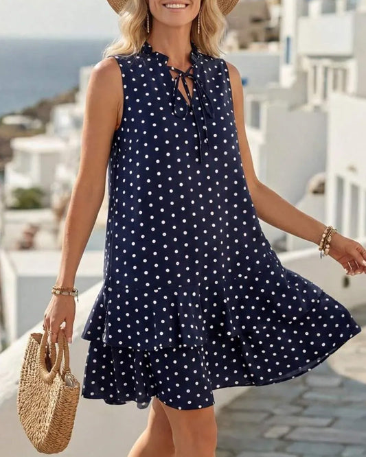 Polka Dot Tie Sleeveless Ruffle Dress