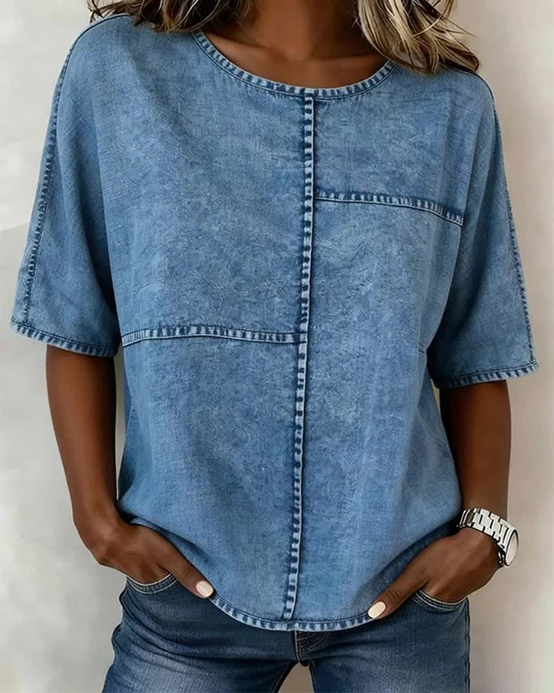 Distressed Denim Short Sleeve Top