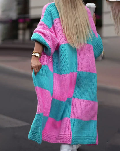 Color-Block Long-Length Sweater Coat