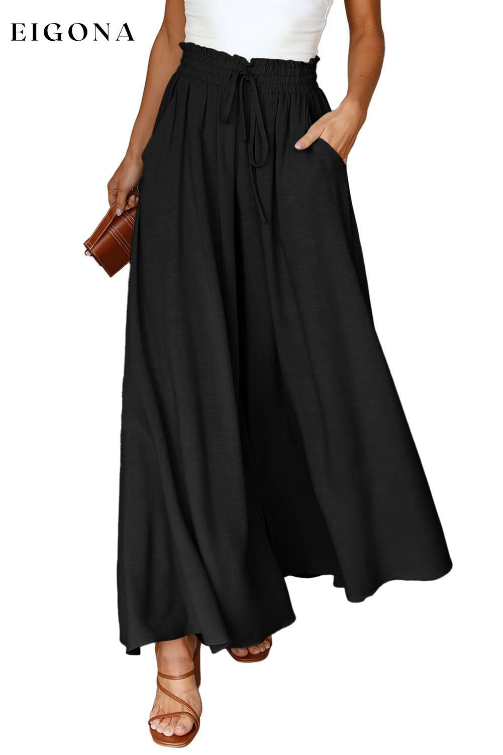 Black Drawstring Smocked High Waist Wide Leg Pants All In Stock bottoms clothes clothing Occasion Vacation Print Solid Color Season Summer Silhouette Wide Leg Style Casual wide leg pants Women's Bottoms