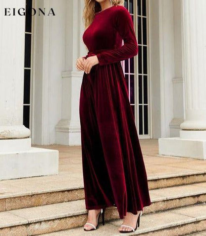 Tie Front Round Neck Long Sleeve Maxi Dress A@Y@Y clothes Ship From Overseas