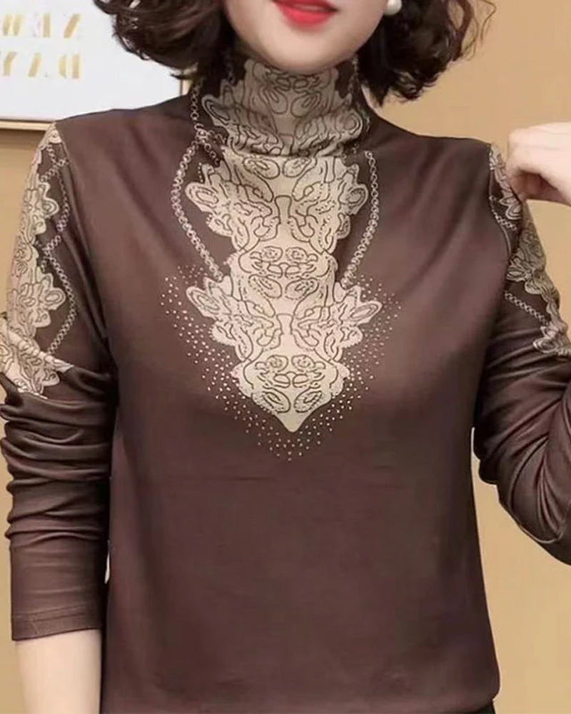 Elegant Printed Fitted Women's Stand Collar Top