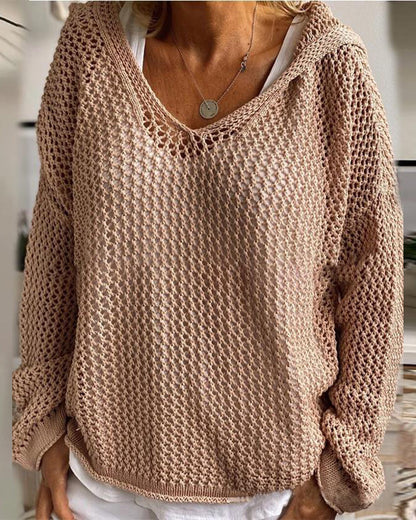 Dames Crochet Hollow Out Hooded Long Sleeve Tops