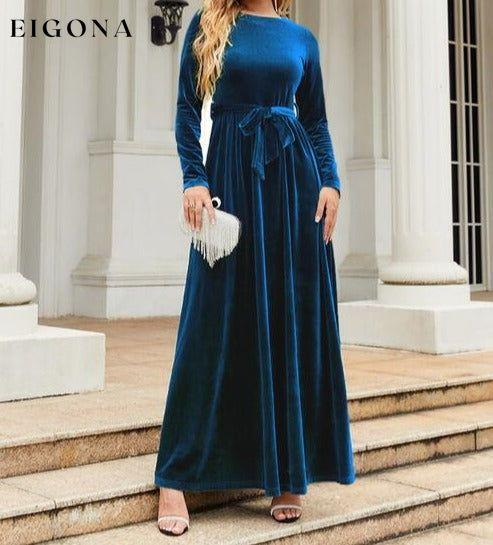 Tie Front Round Neck Long Sleeve Maxi Dress A@Y@Y clothes Ship From Overseas