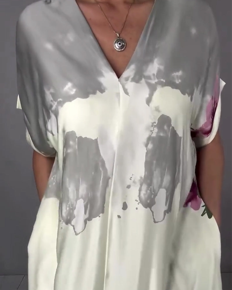 Ink Wash Peach Blossom V-Neck Maxi Dress